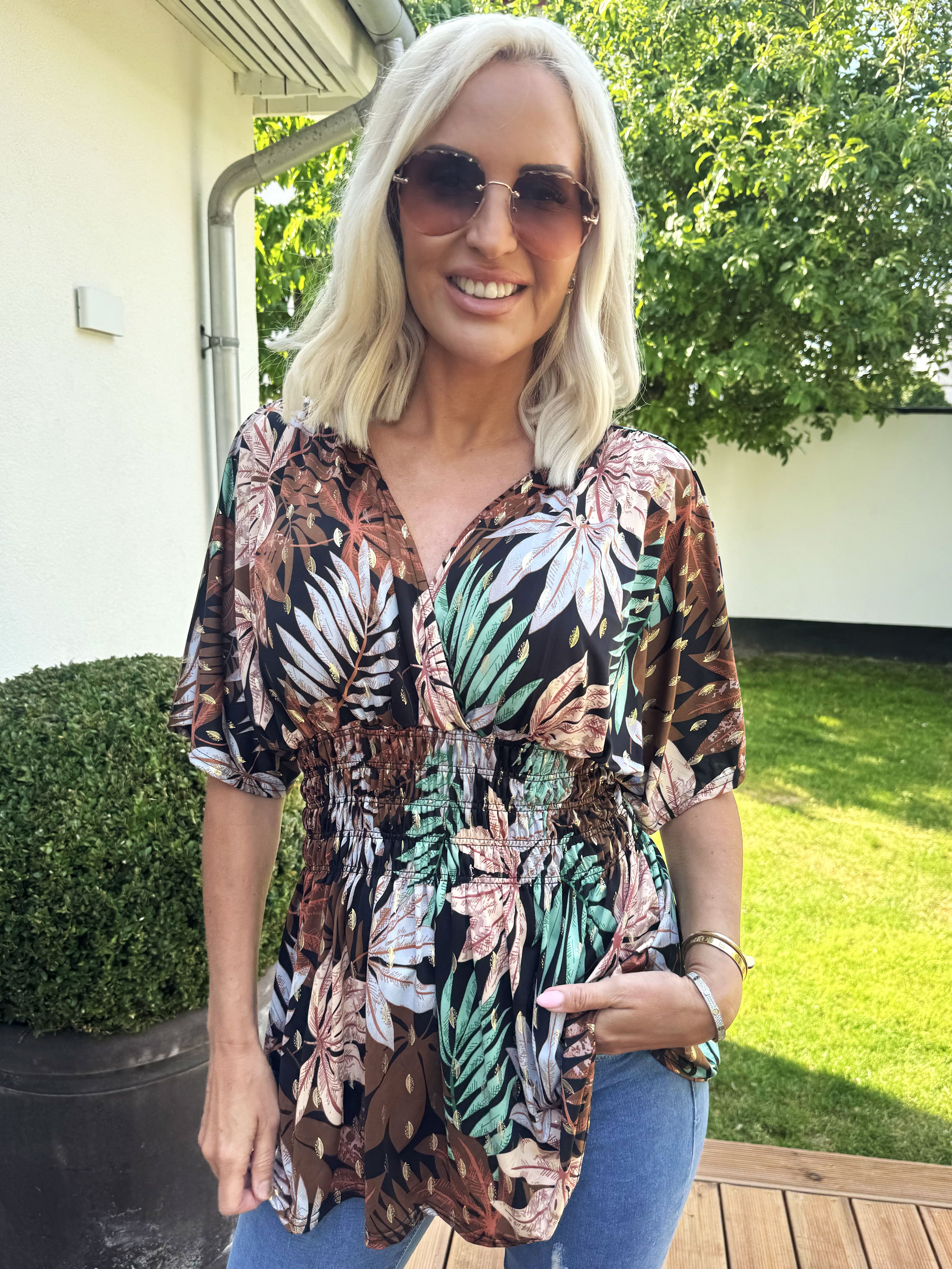 Pams Leaf Shirt S/S - Söt tunika med blommigt tryck och smock